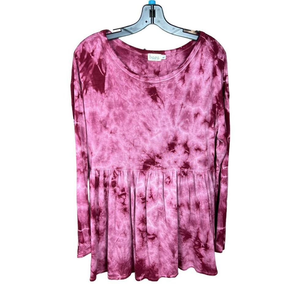 Baea Peplum Tunic Top Rounded Neck Pink Magenta White Tie Dye Long Sleeve Large